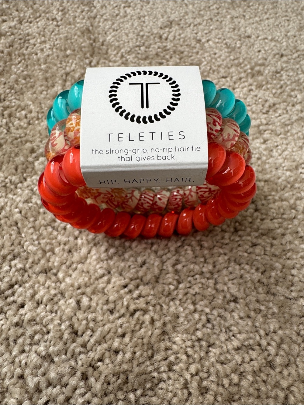 TELETIES 3-Pack No-Rip Coil Hair Ties — Coral, Turquoise & Patterned Cream